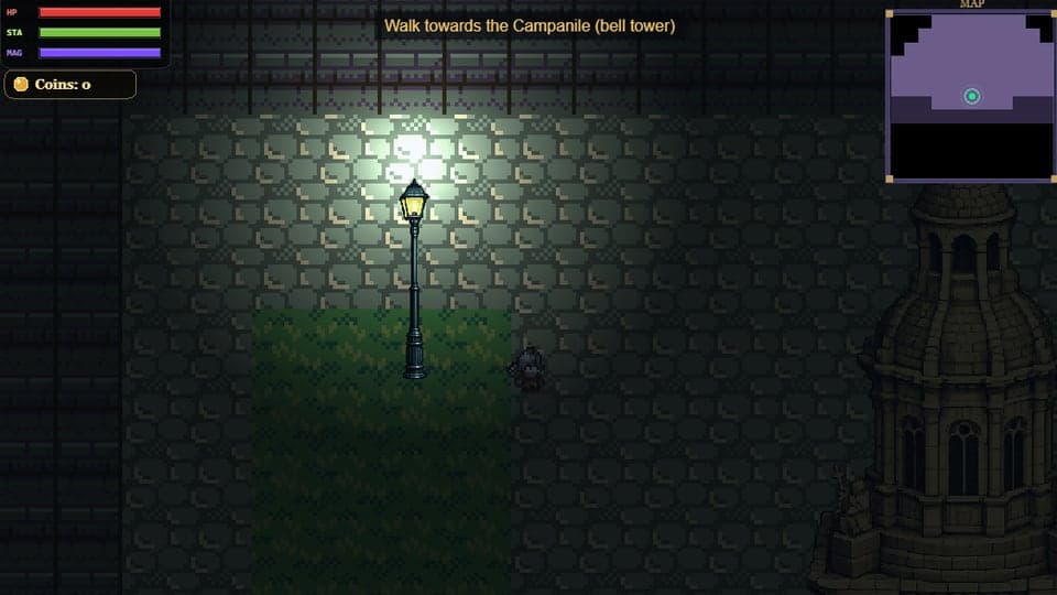Gameplay screenshot: Trinity College Front Square at night, the Campanile lit by a lamppost